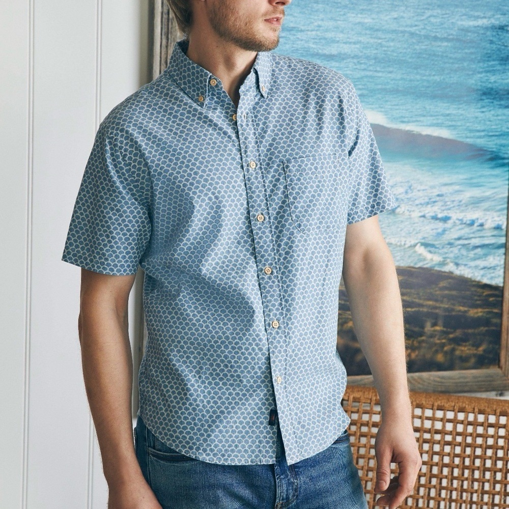 Faherty Men's Playa Shirt Blue Fish Scale Print Short Sleeve Button XXL NEW